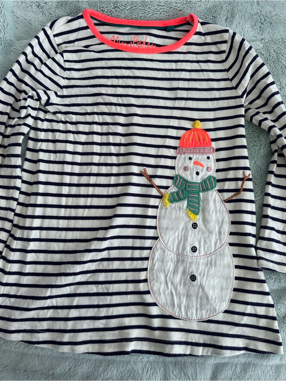 Mini Boden Navy & White Stripe Long-Sleeve Tunic with Snowman Applique